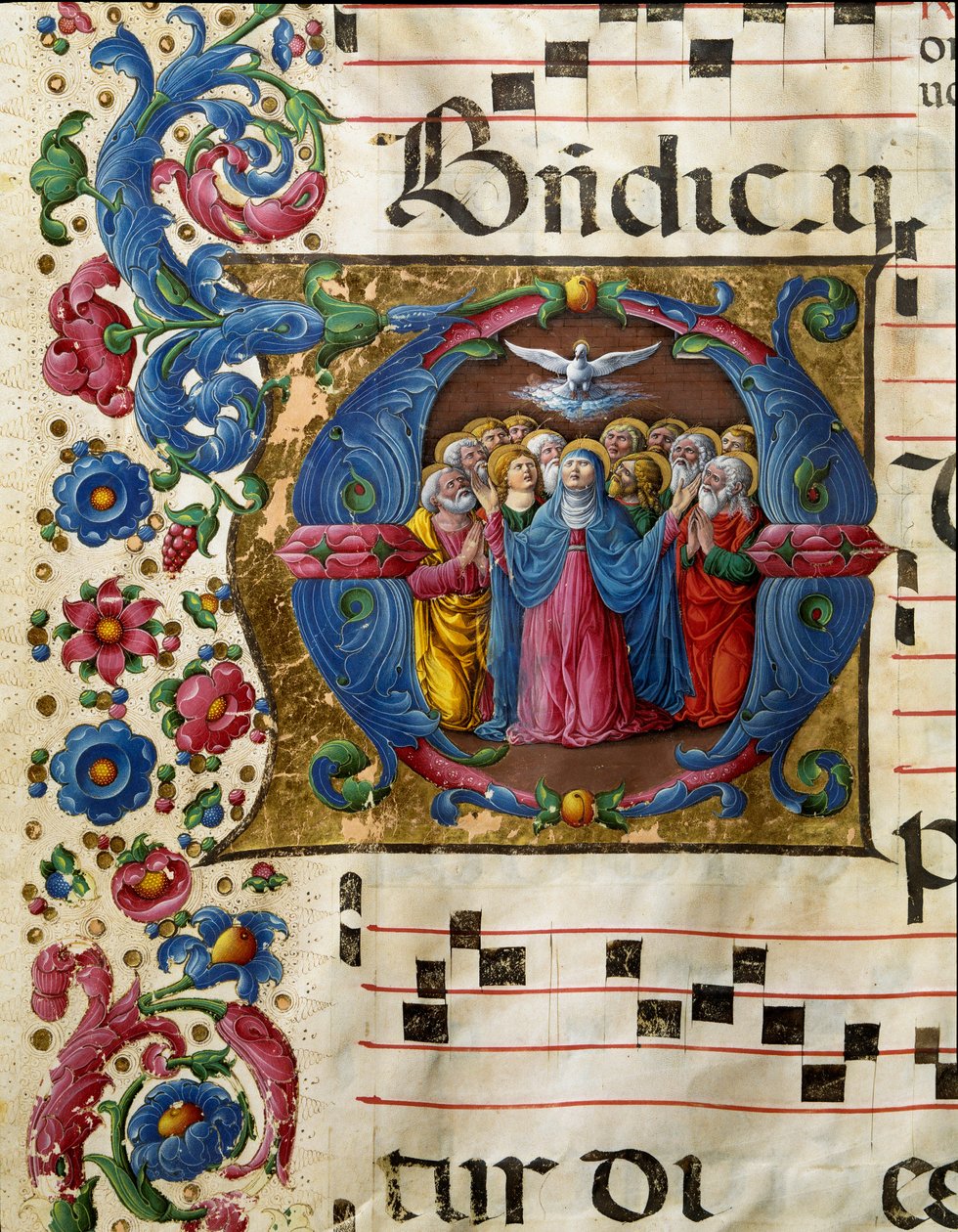 Die Taube des Heiligen Geistes erscheint der Jungfrau Maria und den Aposteln. Miniatur von Girolamo da Cremona (aktiv um 1451-1483) aus einem Chorbuch (Cod. 10/L. c.32v) aus der Kathedrale von Siena. 15. Jahrhundert von Girolamo da Cremona