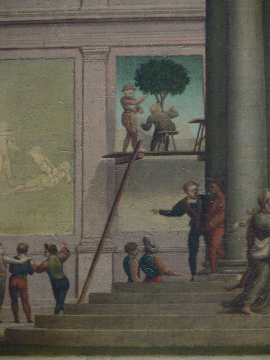 Der Raub der Dina (Genesis 34). Kunsthistorisches Museum Wien, Gemäldegalerie, Inv. Nr. 1554, Detail im Hintergrund (Wandmaler auf Gerüst) von Giuliano Bugiardini