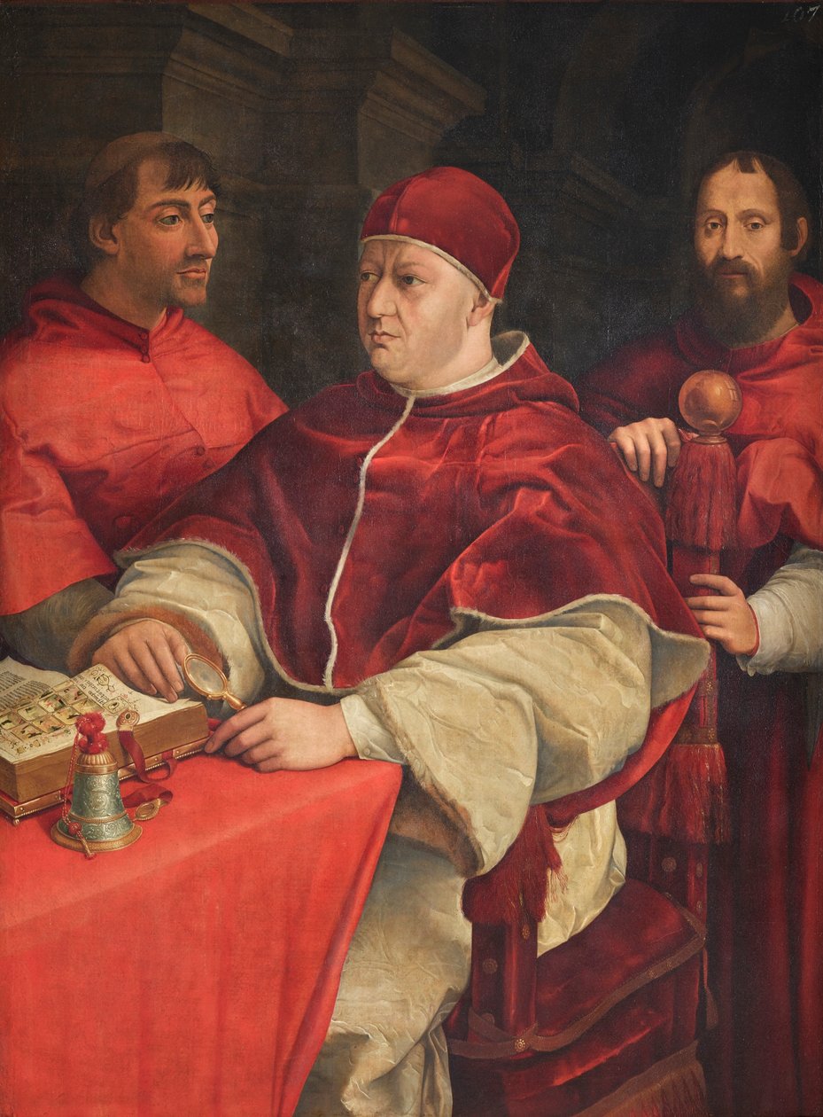 Porträt von Papst Leo X. mit den Kardinälen Giulio de