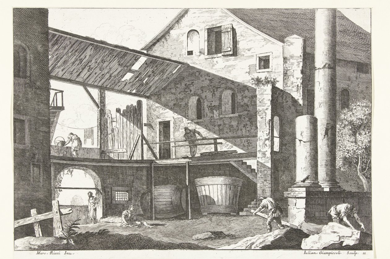Hof eines Bauernhofs mit zwei großen Fässern von Giuliano Giampiccoli