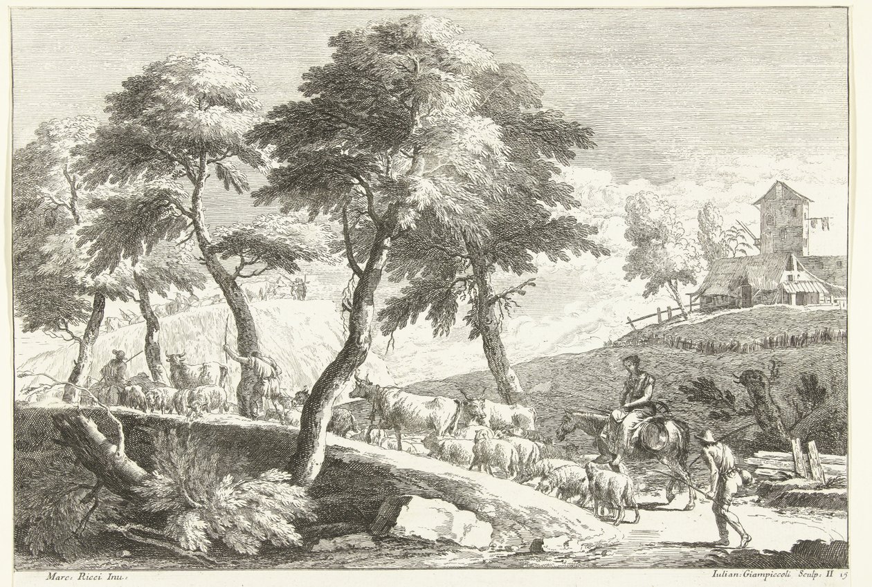 Hügellandschaft mit Hirten und Vieh von Giuliano Giampiccoli