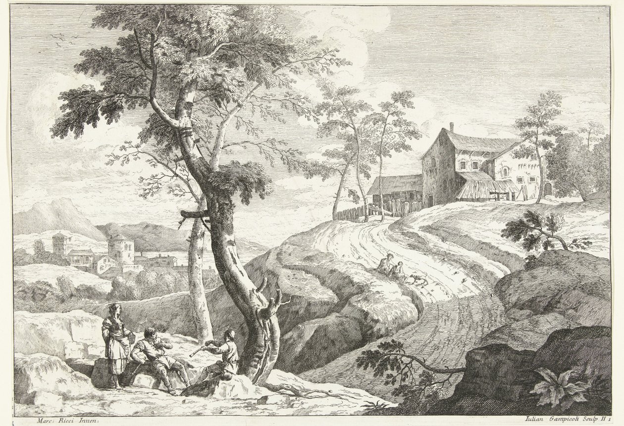 Landschaft mit Flötenspielern bei einem Baum von Giuliano Giampiccoli