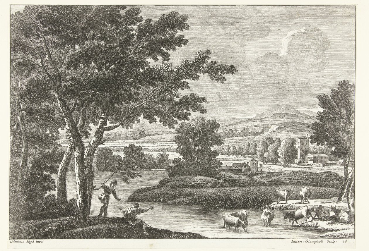 Landschaft mit Hirten und Vieh am Wasser von Giuliano Giampiccoli