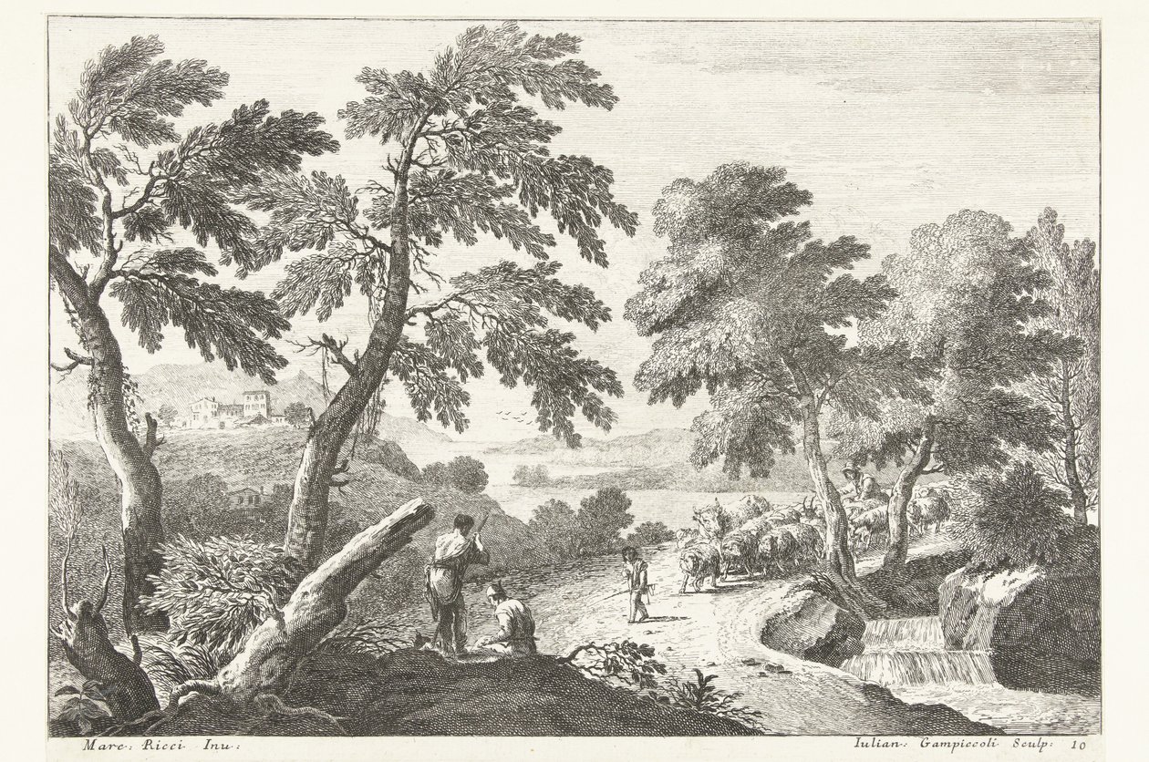 Landschaft mit Hirten auf dem Weg entlang eines kleinen Wasserfalls (Italiaanse landschappen) von Giuliano Giampiccoli