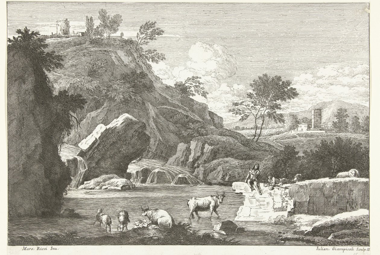 Landschaft mit zwei Hirten und Vieh am Wasser von Giuliano Giampiccoli