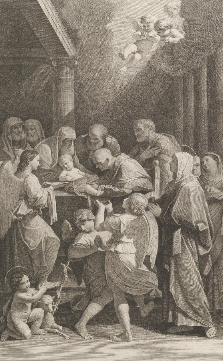 Die Beschneidung Christi, eine Gruppe von Männern, Frauen und Engeln umgeben ihn, ca. 1760-1800 von Giuliano Traballesi