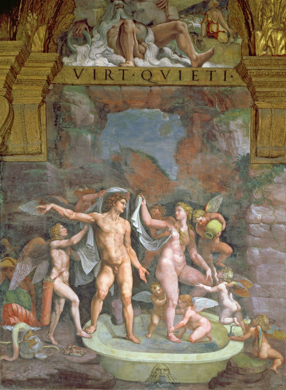 Mars und Venus beim Baden, unterstützt von Amor und Putti aus der Sala di Amore e Psiche, 1528 von Giulio Romano
