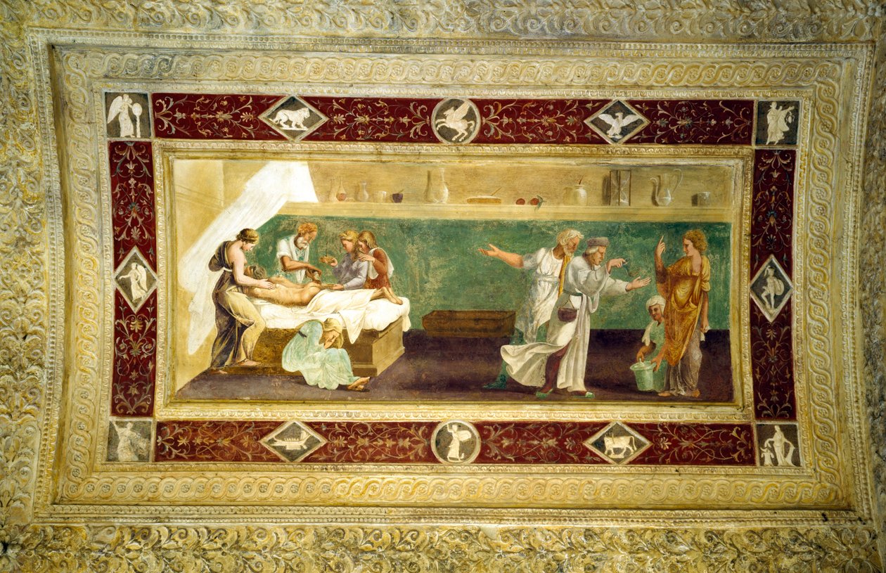 Szene eines Arztes, der einen kranken Mann besucht, Deckenmalerei aus dem Giardino Segreto von Giulio Romano