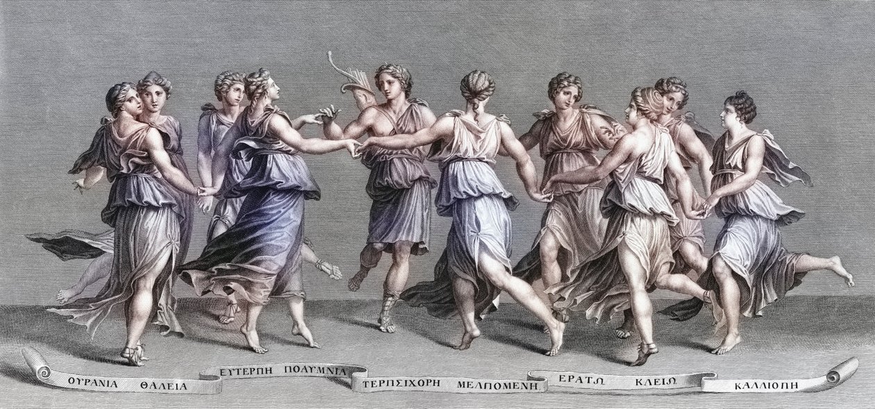 Apollo tanzt mit seinen neun olympischen Musen von Giulio (after) Romano