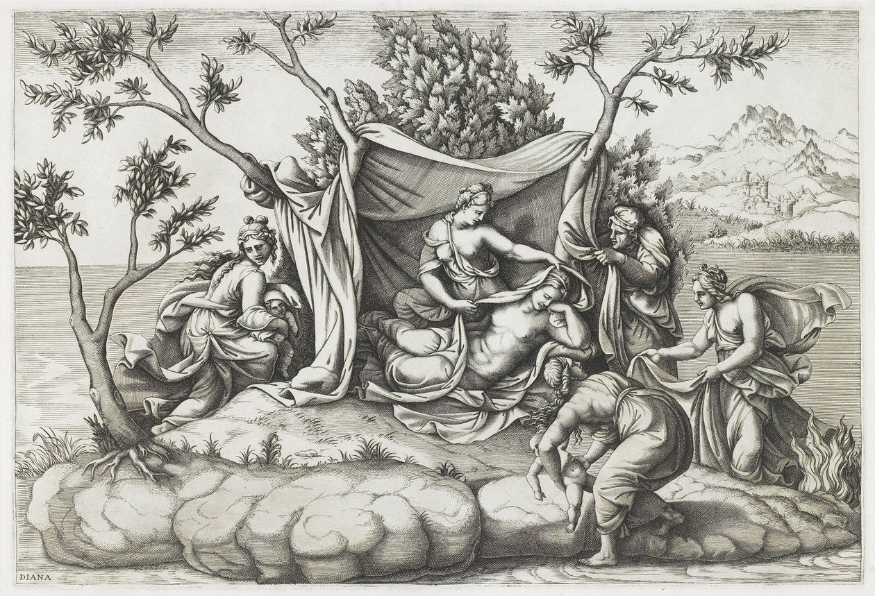 Latona gebiert Apollo und Diana, graviert von Diana Mantovana, nach 1575 von Giulio (after) Romano