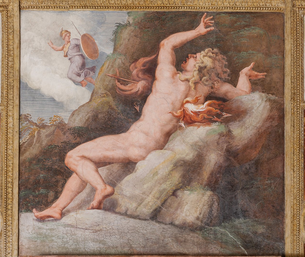 Ajax auf einem scharfen Felsen von einem Blitz durchbohrt, Das Trojanische Pferd, Kammer von Troja (Sala di Troia) von Giulio (and workshop) Romano