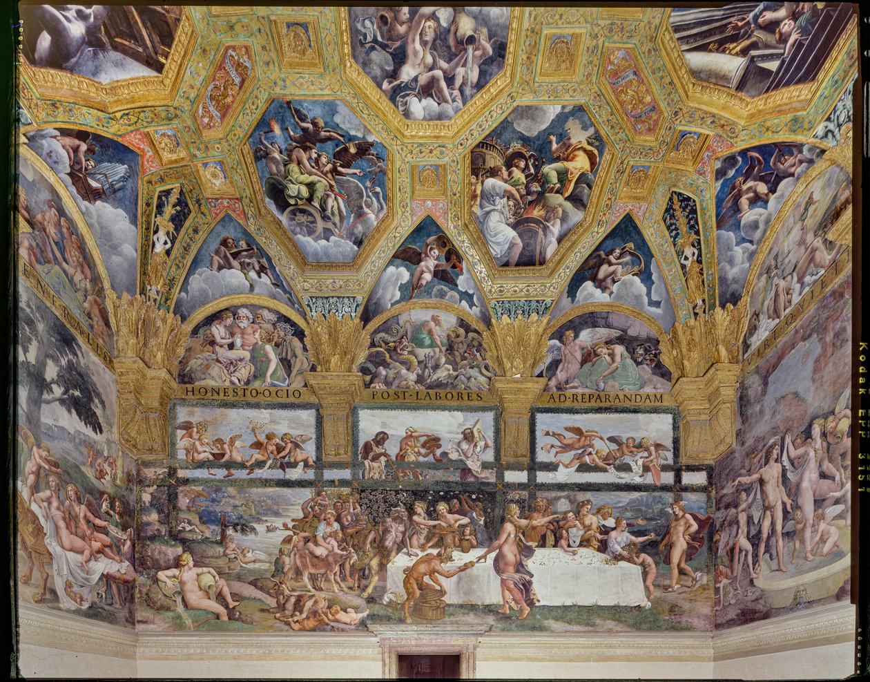 Zimmer der Psyche: Blick auf die Westwand, mit dem rustikalen Bankett (Fresko) von Giulio (workshop of) Romano