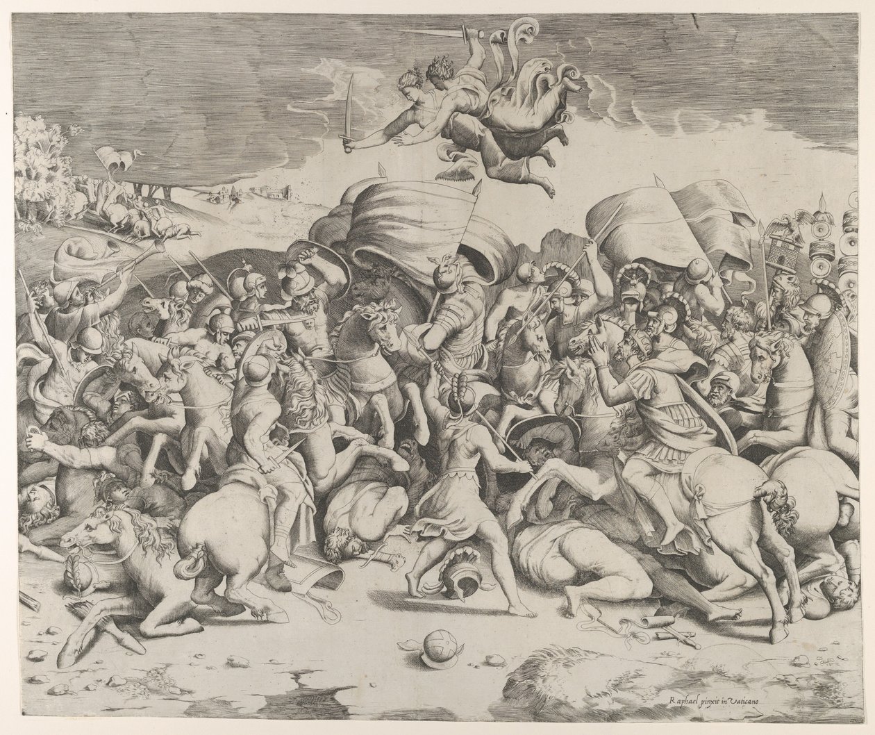 Konstantin besiegt den Tyrannen Maxentius, Engel tragen Schwerter von Giulio Bonasone