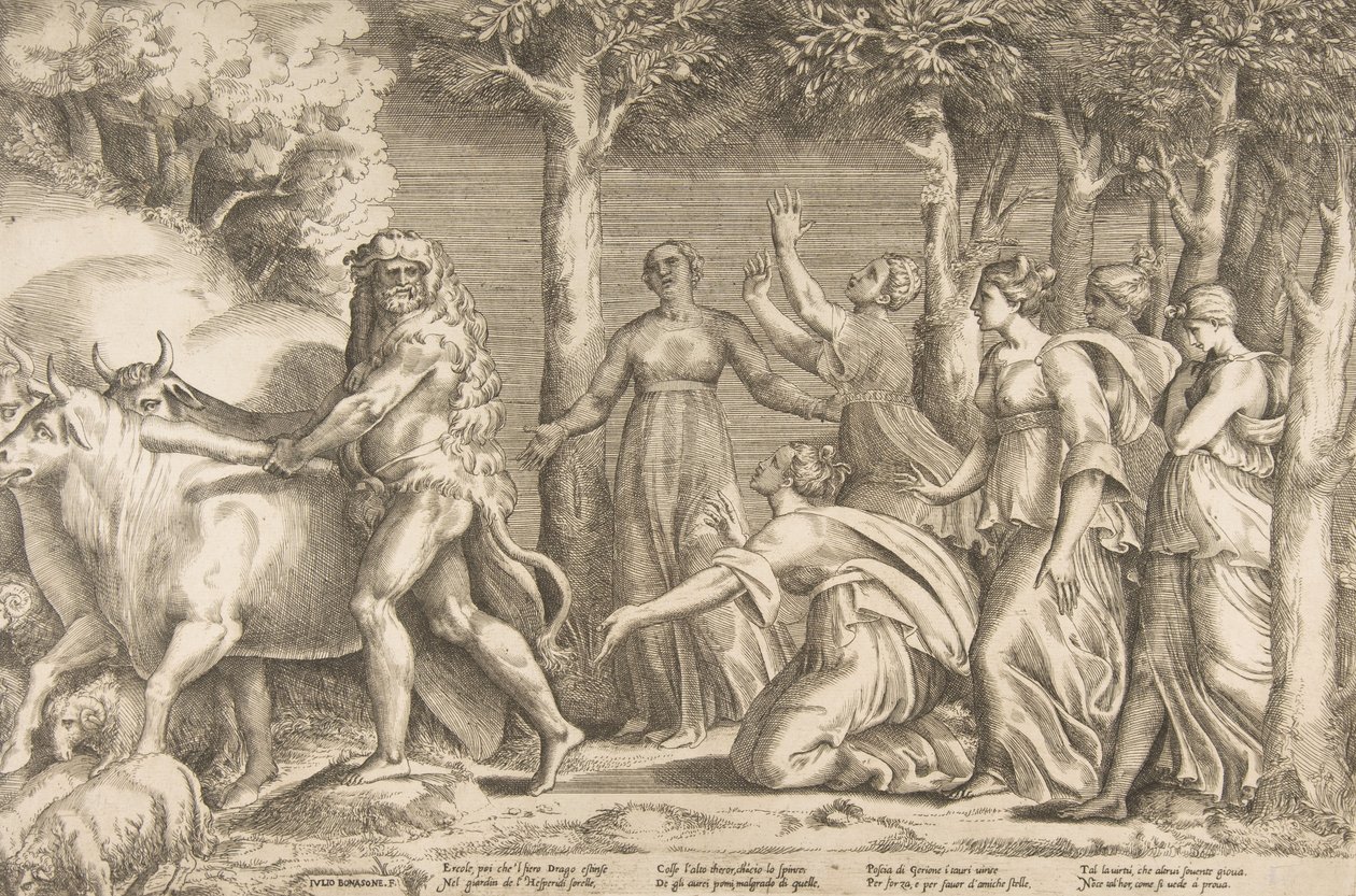 Herkules vertreibt das Vieh des Geryon, rechts sind die Nymphen der Hesperiden, 1531-76 von Giulio Bonasone