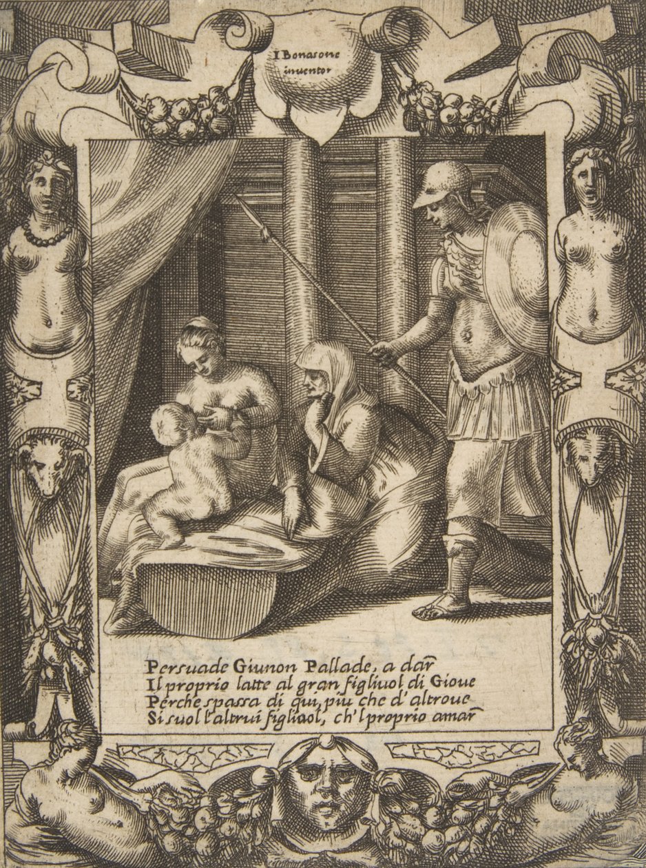 Juno überredet Athena, den jungen Herkules zu stillen, in einem aufwendigen Rahmen, aus von Giulio Bonasone