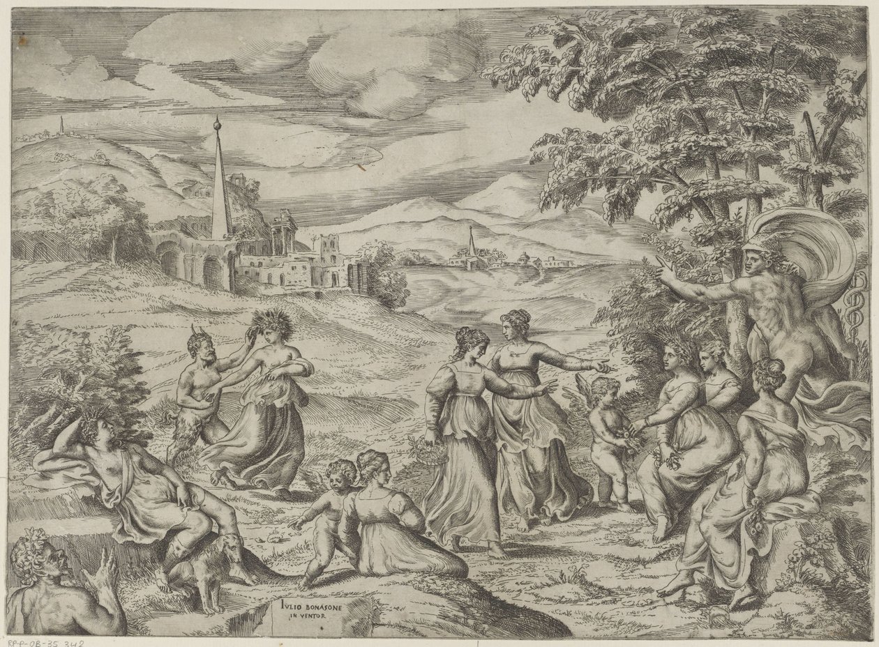 Merkur erzählt die Geschichte von Pan und Syrinx von Giulio Bonasone