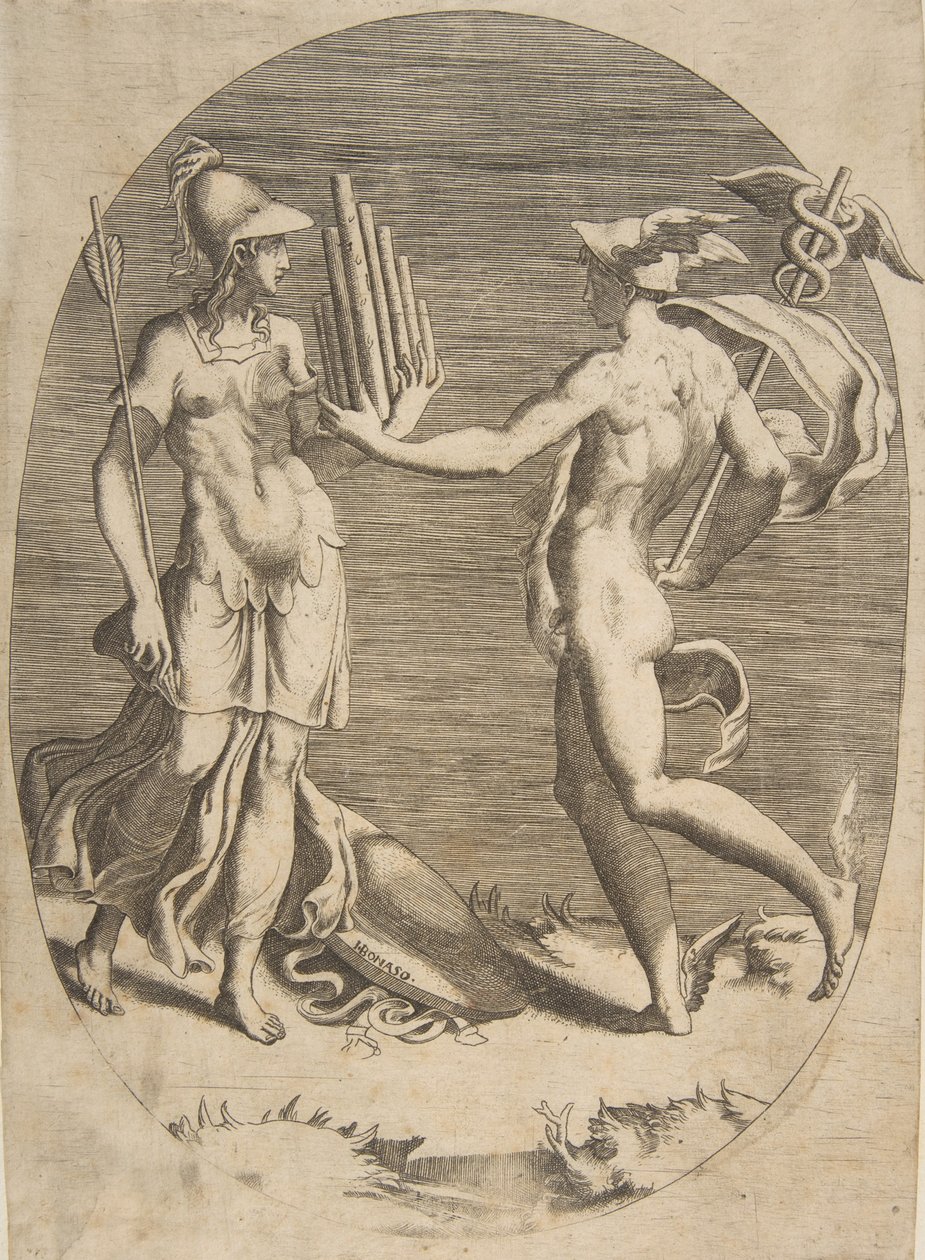 Merkur überreicht Minerva eine Panflöte, die links steht, eine ovale Komposition von Giulio Bonasone