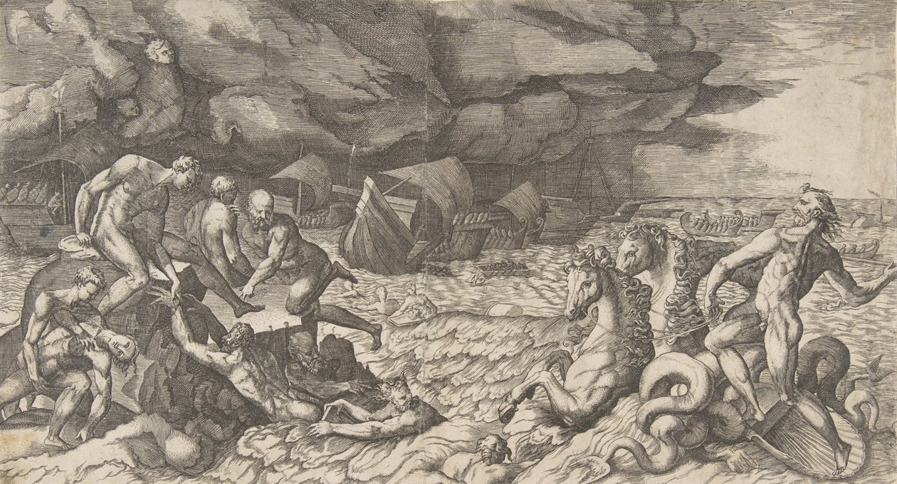 Neptun beruhigt den Sturm, den Aeolus gegen die Flotte des Aeneas entfesselt hat von Giulio Bonasone