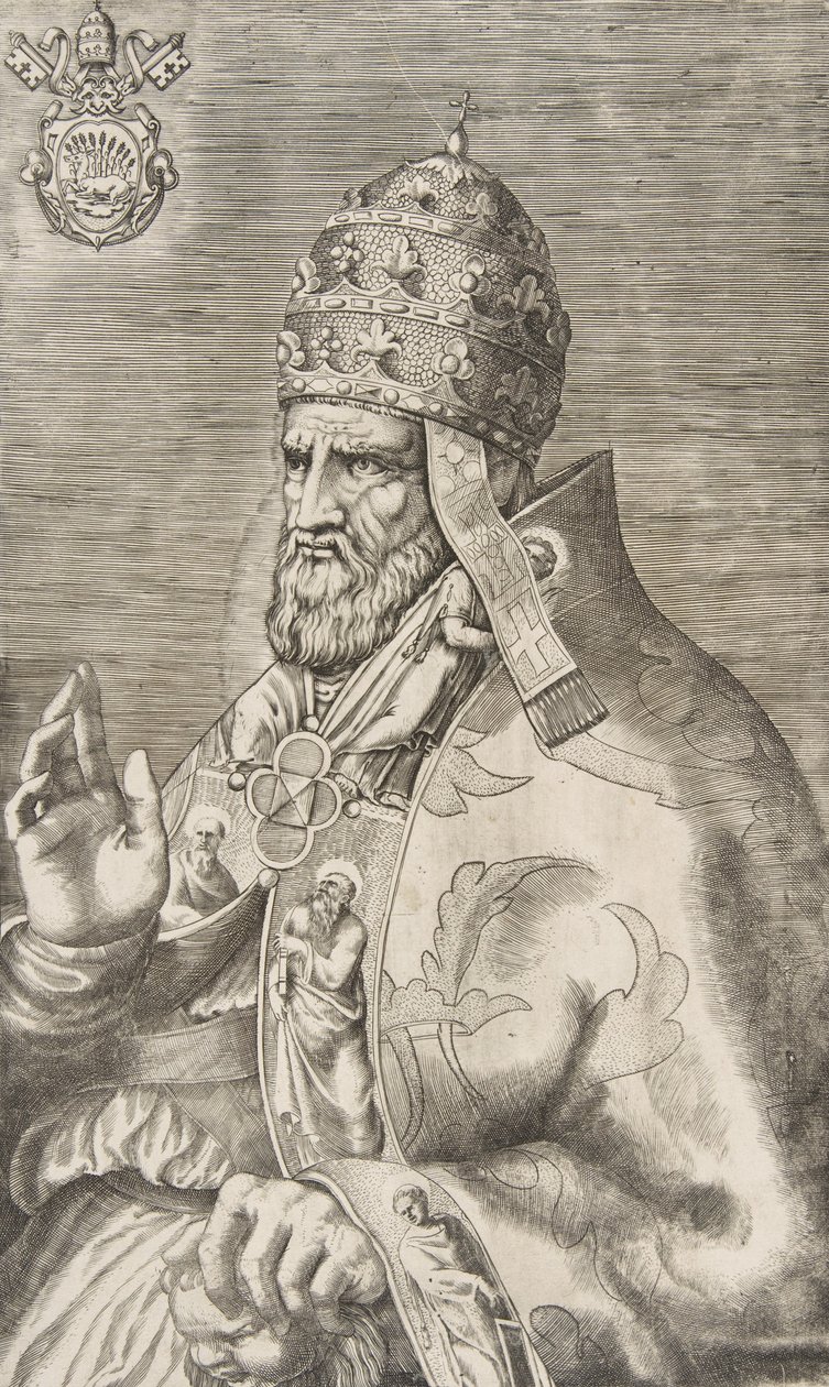 Porträt von Papst Marcellus II., rechte Hand erhoben, nach links gewandt, ca. 1555 von Giulio Bonasone
