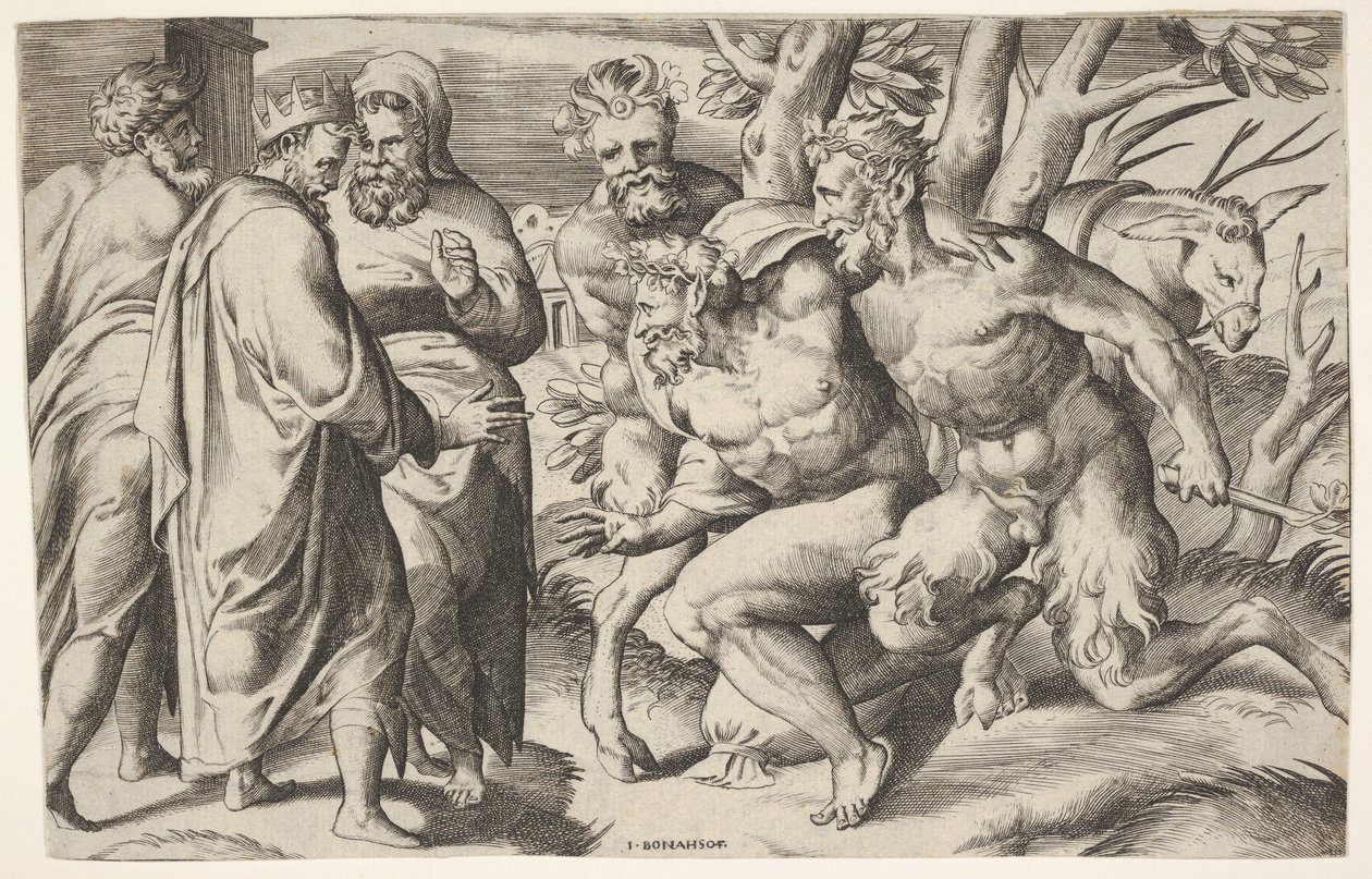 Zwei Satyrn führen Silenus zu König Midas, ca. 1550-80 von Giulio Bonasone