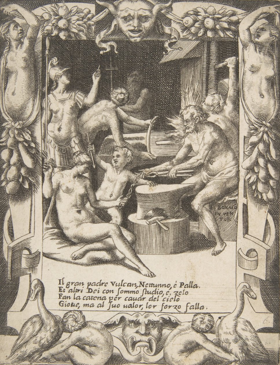 Vulkan, Neptun, Athene und andere Götter schmieden Fesseln, um Jupiter aus dem Himmel zu ziehen von Giulio Bonasone