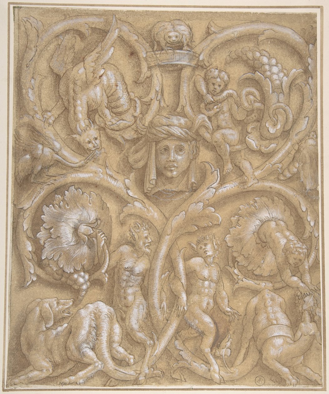 Entwurf für ein Zierpanel mit Rinceaux, Satyrn, Putti, Monstern und einem menschlichen Kopf, 1535-45 von Giulio Campi.
