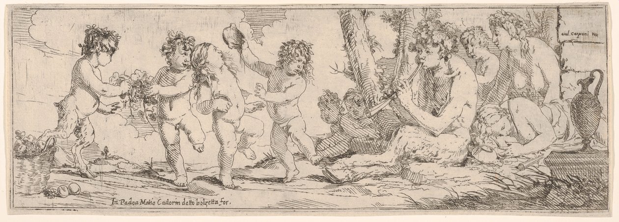 Bacchanal mit Satyr, der eine Laute spielt, umgeben von vier Figuren, die in eine Richtung schauen, 1640-60 von Giulio Carpioni