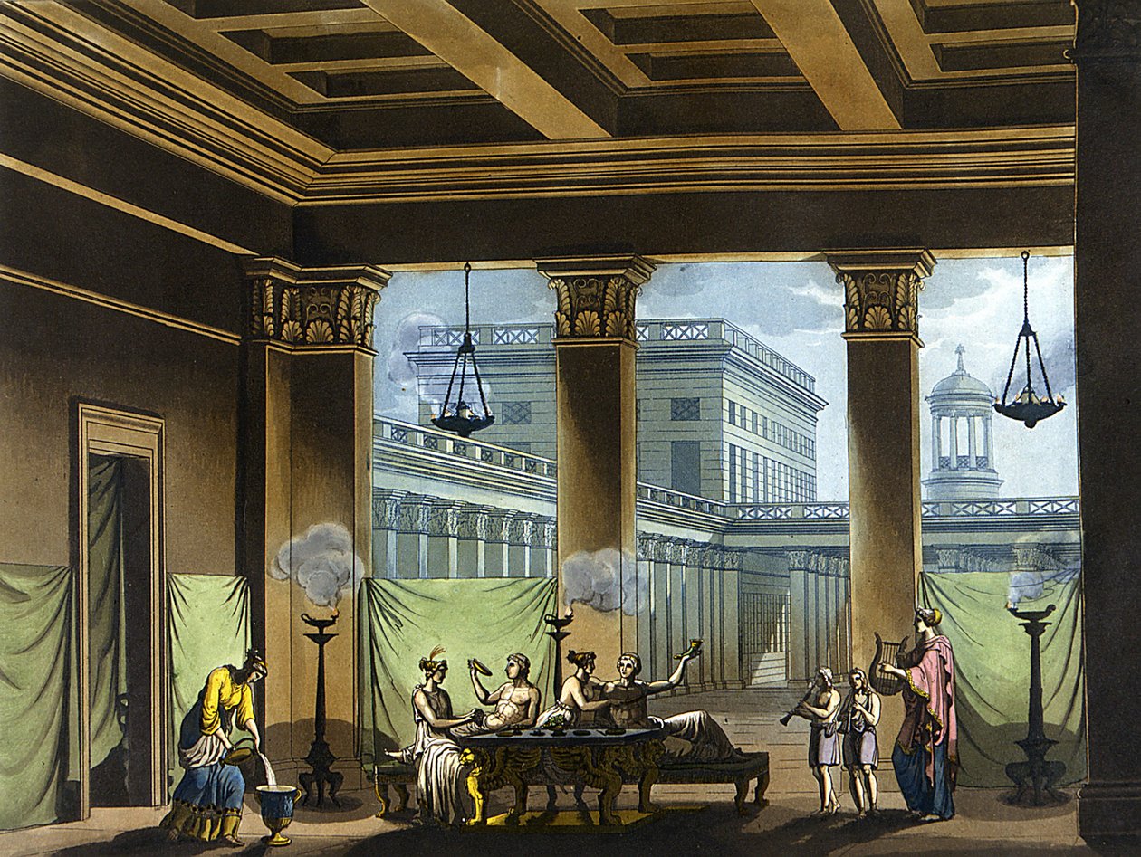 Triklinium beleuchtet mit Öllampen im antiken Griechenland: Bankettszene - in Le costume ancien et moderne von Jules Ferrario, ed. Mailand von Giulio Ferrario