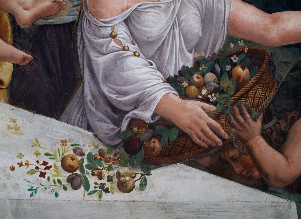 Ein Korb mit Früchten und Blumen, Detail des rustikalen Banketts zur Feier der Hochzeit von Amor und Psyche von Giulio Romano