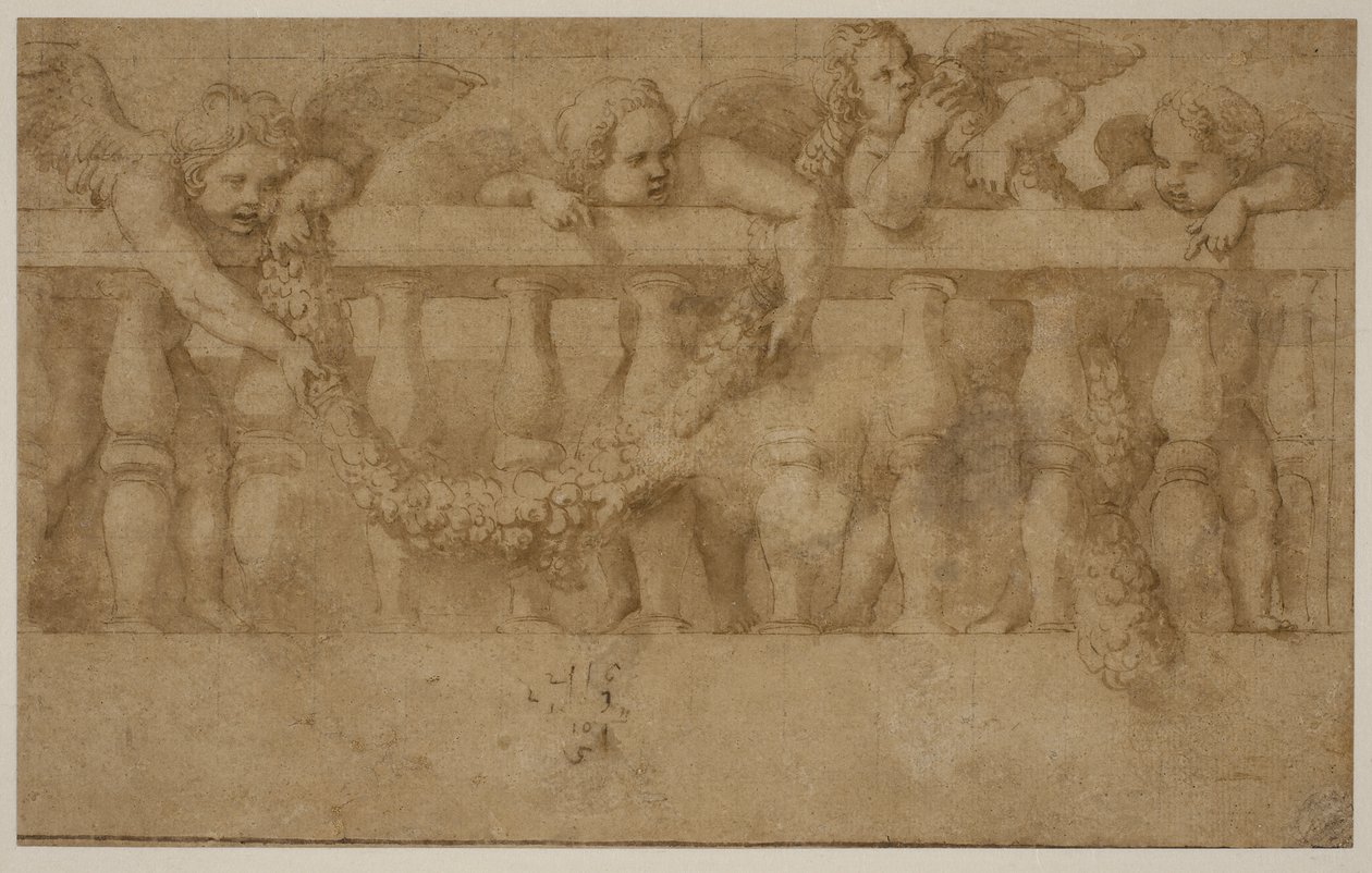Vier geflügelte Putti dekorieren ein Geländer mit Girlanden von Giulio Romano