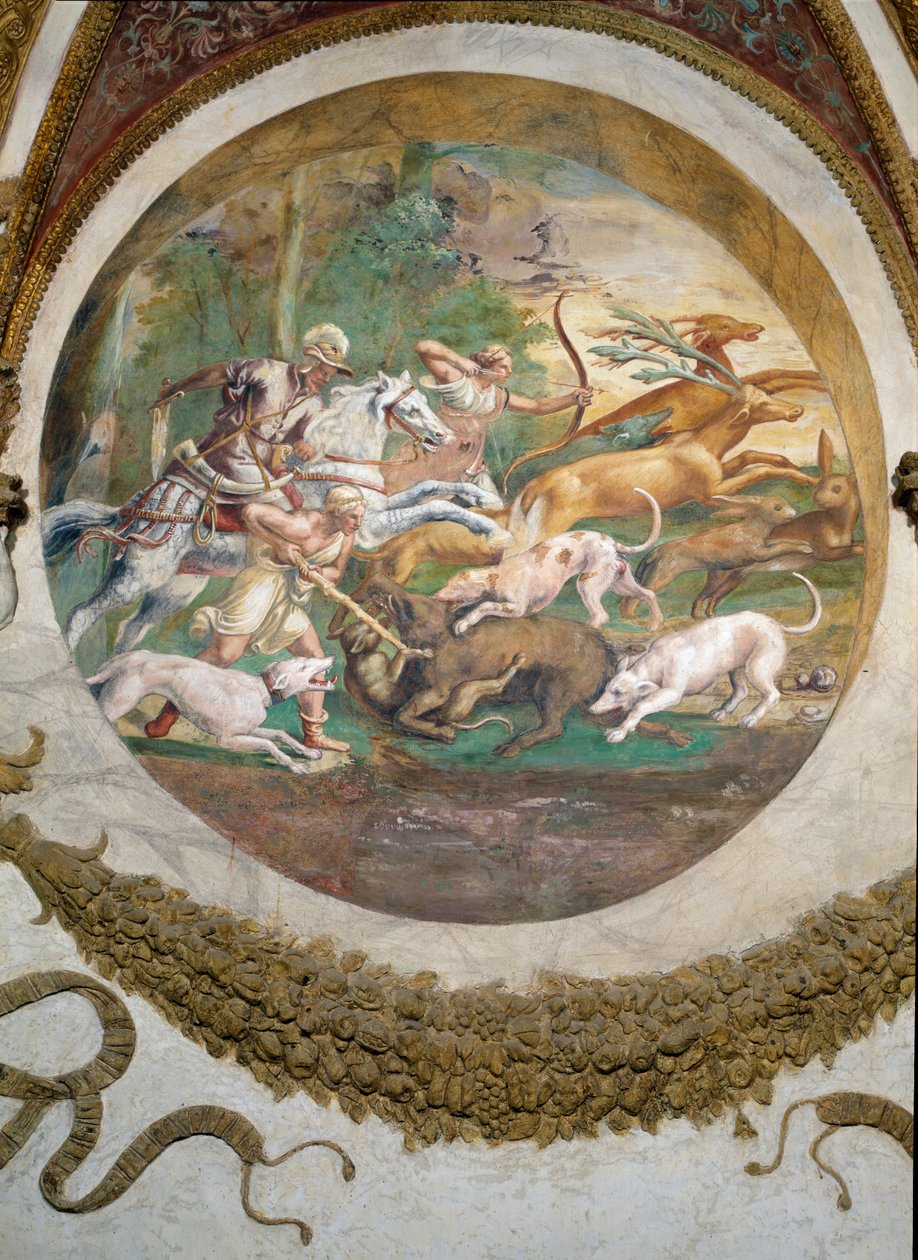 Szene, die zeigt, dass diejenigen, die unter dem Zeichen des Krebses in Verbindung mit dem Sternbild des Mars geboren sind, im Jagen und Fischen geschickt sein werden, symbolisiert durch eine Jagdszene, aus der Camera dei Venti von Giulio Romano