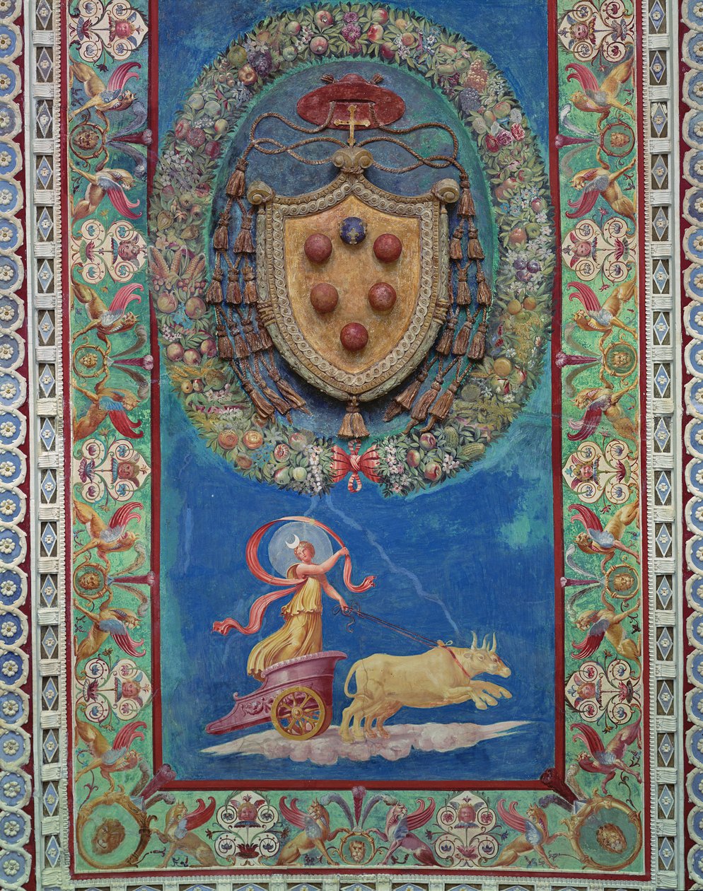 Die Camera con Fregio di Amorini (Detail der zentralen Decke mit Medici-Wappen und Allegorie der Nacht) von Giulio Romano