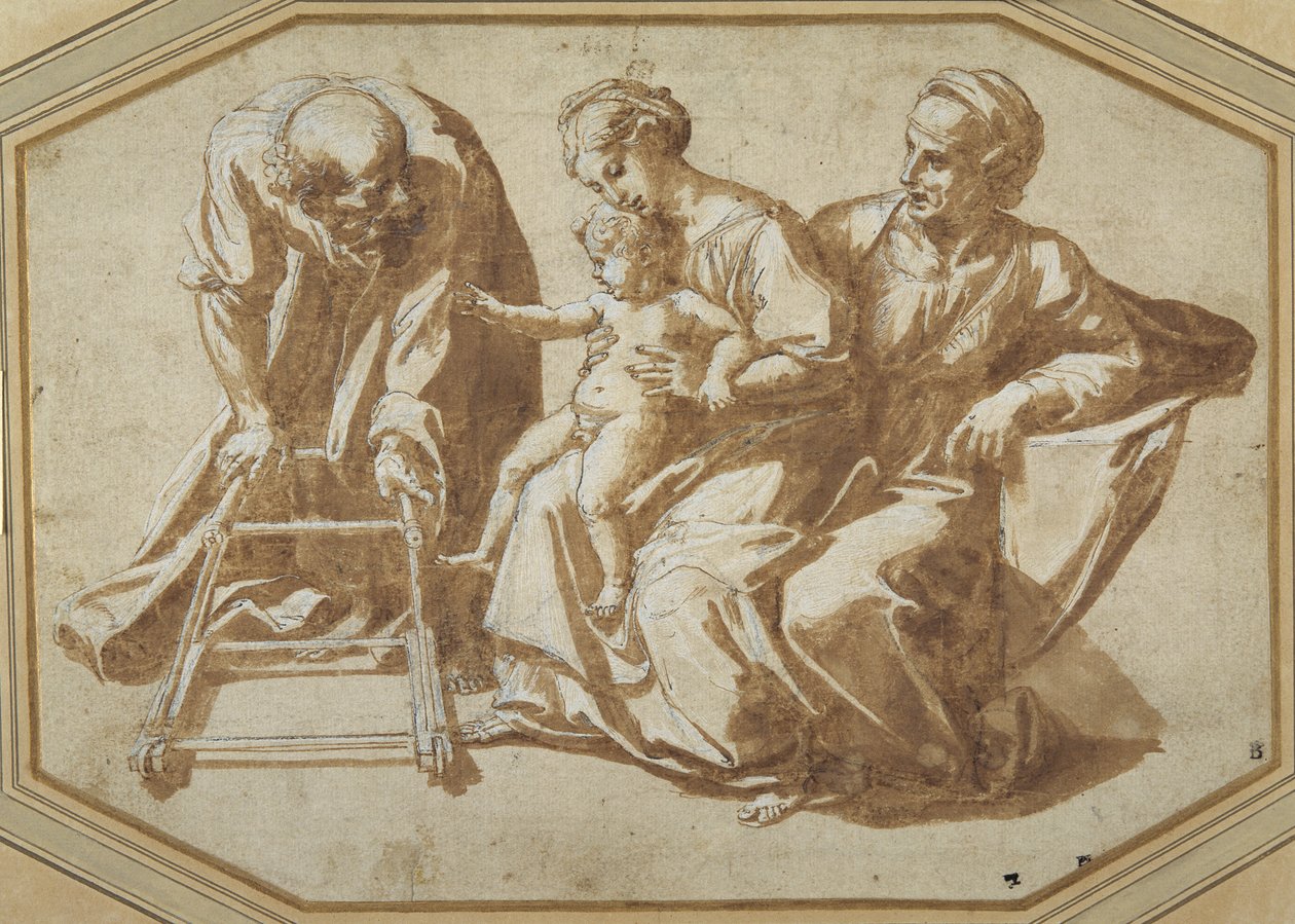 Die Heilige Familie und St. Anna mit dem Christkind, das laufen lernt von Giulio Romano