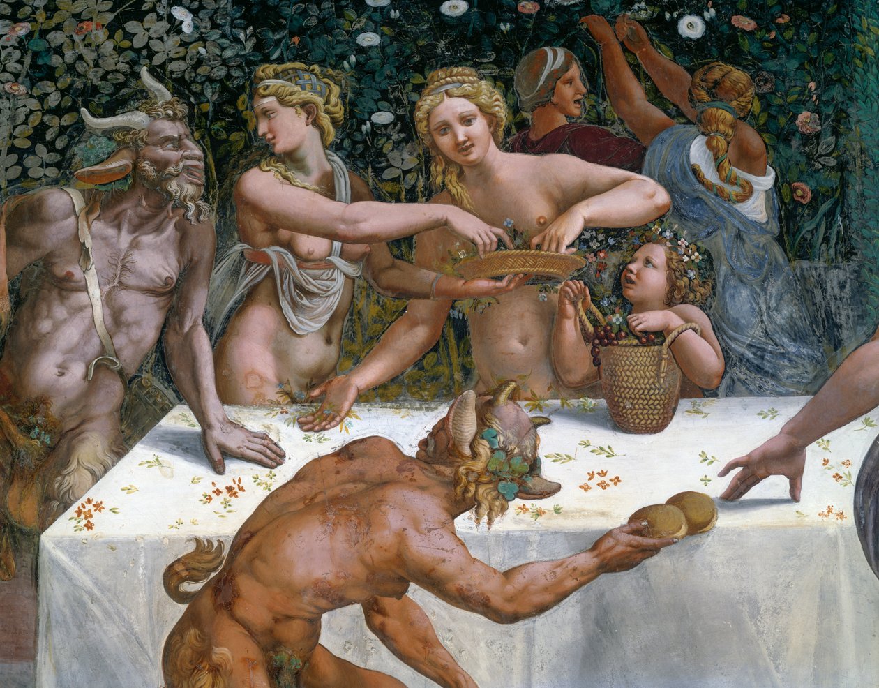 Hochzeitsfest oder Bankett der Götter, Fresko von Giulio Romano (1499-1546), Westwand der Kammer von Amor und Psyche, Palazzo Te, Mantua (UNESCO-Weltkulturerbe, 2008), Lombardei, Italien von Giulio Romano