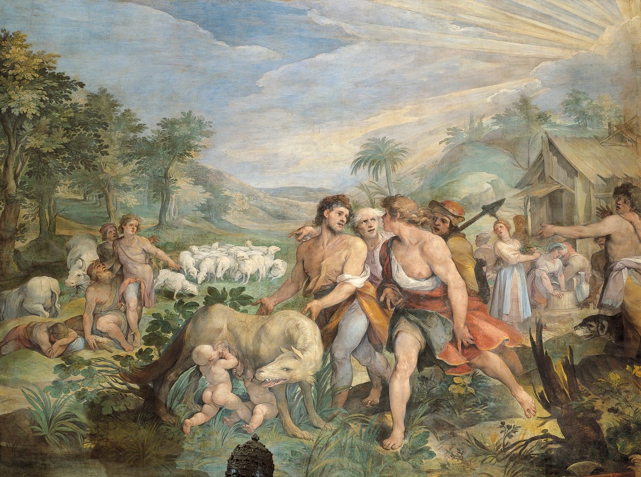 Romulus und Remus, von einer Wölfin gesäugt, von Faustulus am Ufer des Tiber gefunden von Giuseppe Cesari