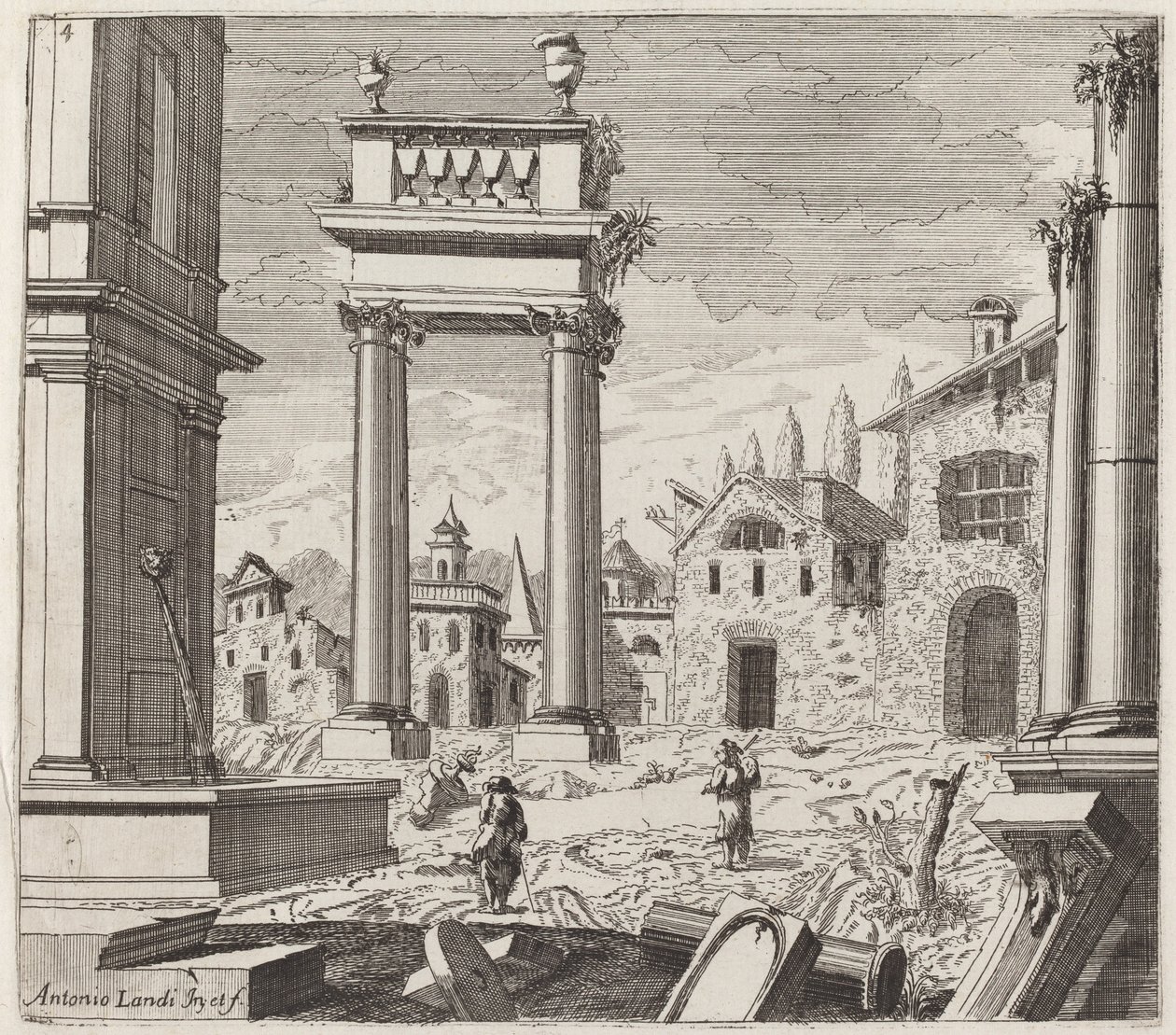 Architektonische Fantasie mit klassischen Ruinen und volkstümlichen Gebäuden von Giuseppe Antonio Landi