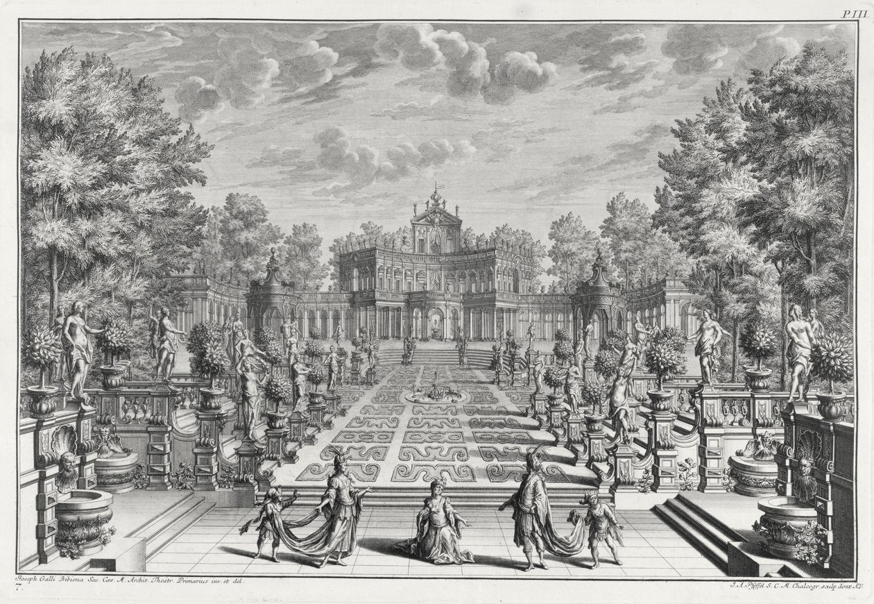 Bühnenbild für eine Oper in einem Garten, aus Architectus Theatralis Primarius, graviert von Johann Andreas Pfeffel (1674-1748), veröffentlicht 1740 von Giuseppe Bibiena