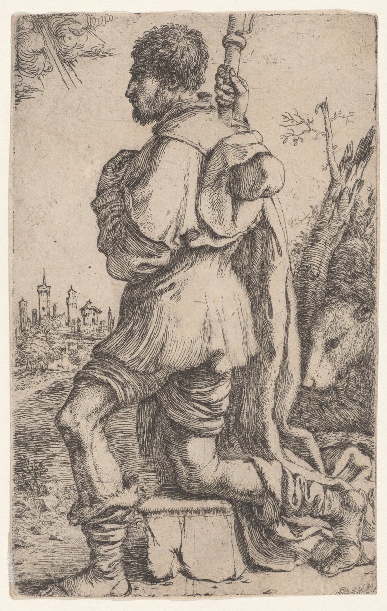 Heiliger Rochus, kniend auf einem Stein, von der Seite gesehen mit seinem Hund dahinter von Giuseppe Caletti