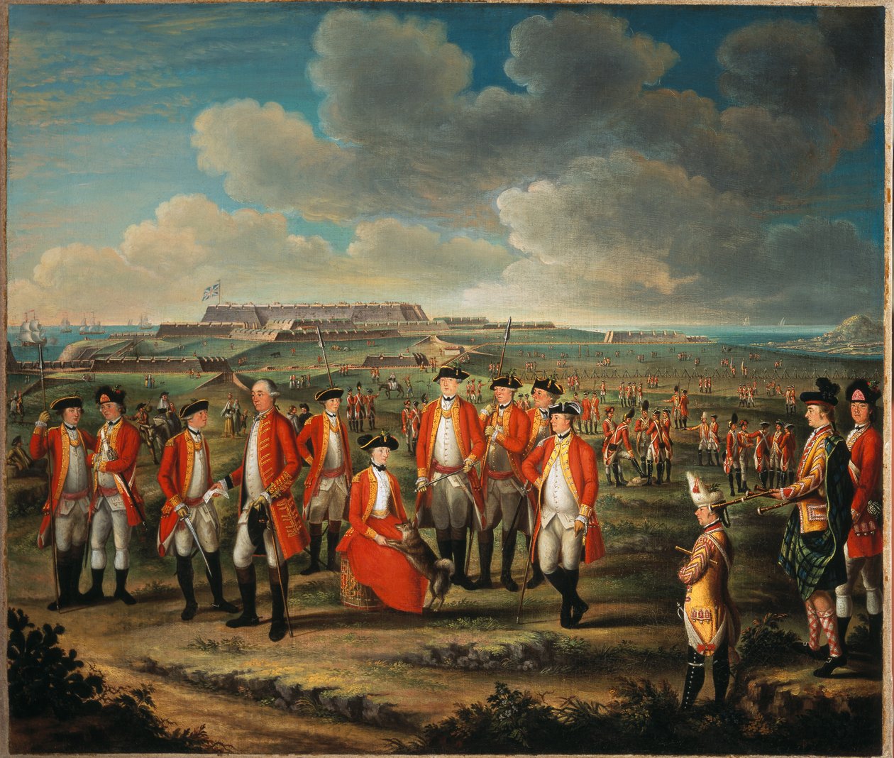 Lady Louisa Lennox mit dem Regiment ihres Mannes, 25. Regiment zu Fuß, mit Lord George Lennox neben ihr und Fort St. Philip, Port Mahon, im Hintergrund, ca. 1771 von Giuseppe Chiesa