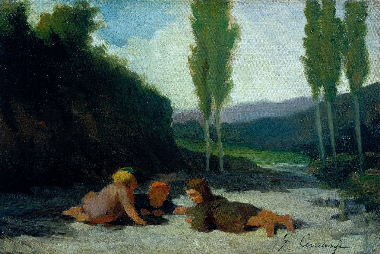 Kinder spielen am Flussufer von Giuseppe Ciaranfi