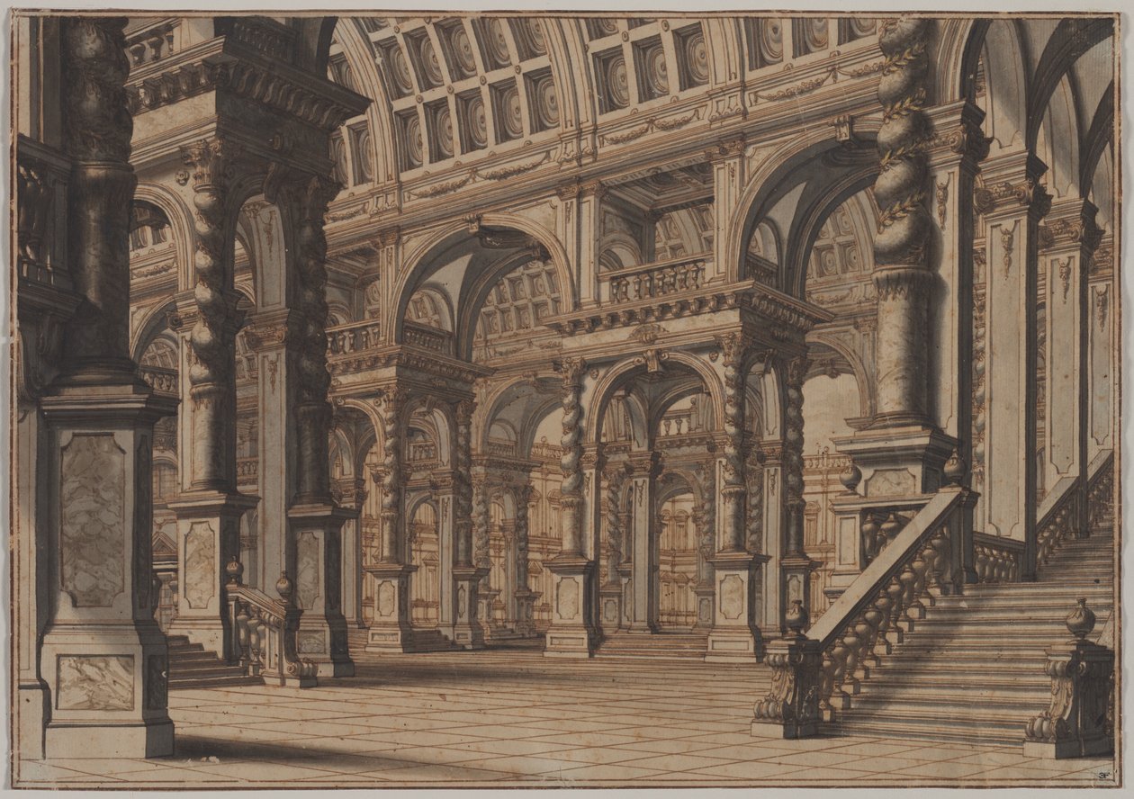 Monumentale gewölbte Halle mit Treppe, zweites Viertel des 18. Jahrhunderts von Giuseppe Galli Bibiena