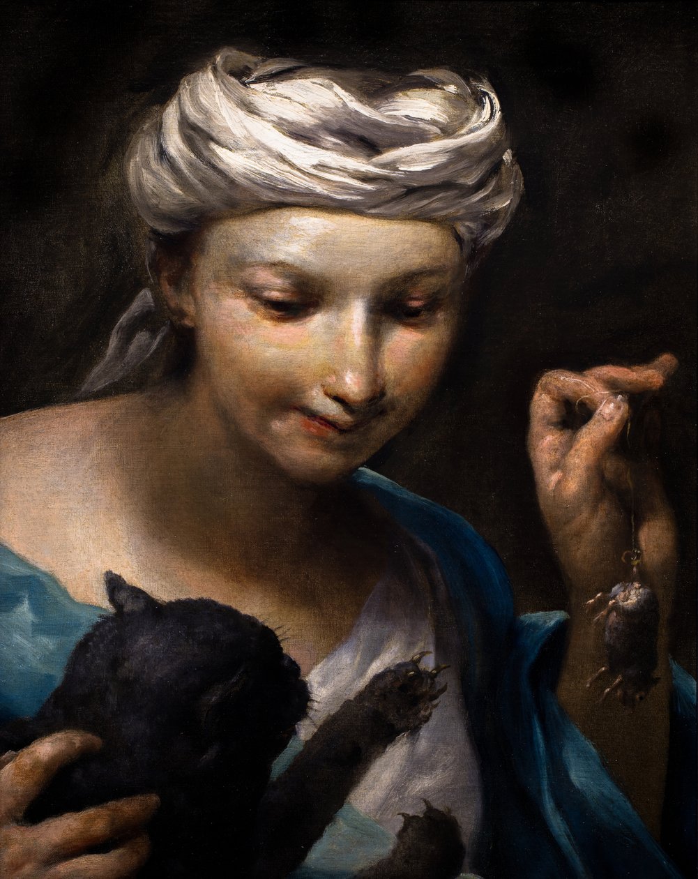 Kleines Mädchen spielt mit einer Katze und einer toten Maus (Detail) von Giuseppe Maria (1665 1747) Crespi