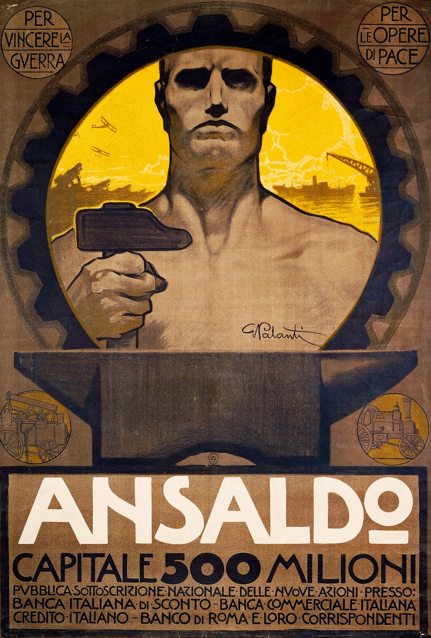 Arbeiter mit Hammer und Amboss, Plakat von Ansaldo aus Genua für die Zeichnung neuer Aktien von Giuseppe Palanti