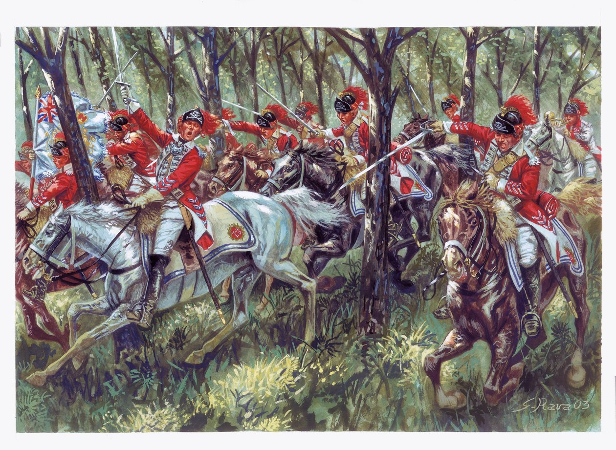 Amerikanischer Unabhängigkeitskrieg (1775-1783): Der Angriff der amerikanischen Siedler (Illustration von Giuseppe Rava) von Giuseppe Rava