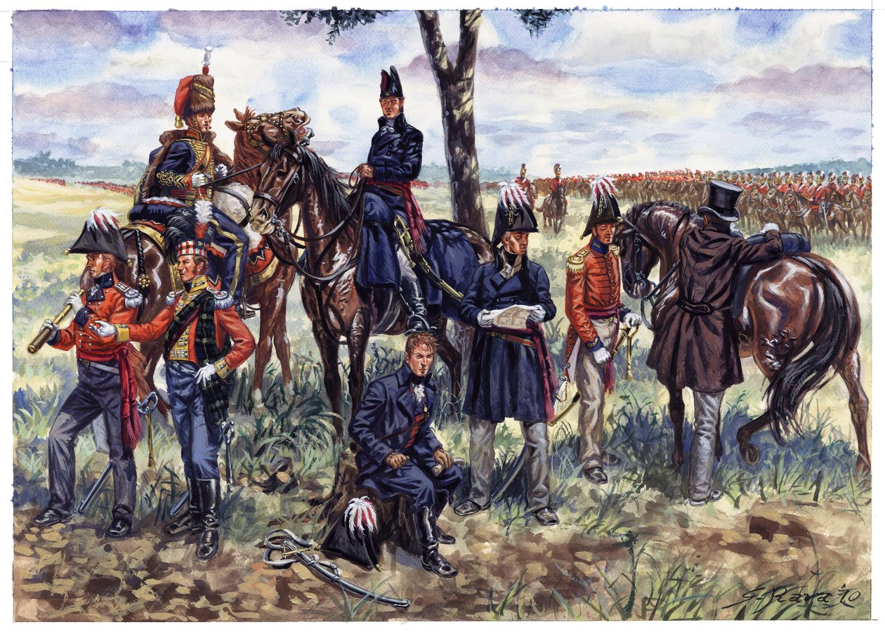 Erstes Kaiserreich: Stab des Herzogs von Wellington in der Schlacht von Waterloo am 18. Juni 1815 - Illustration von Giuseppe Rava von Giuseppe Rava
