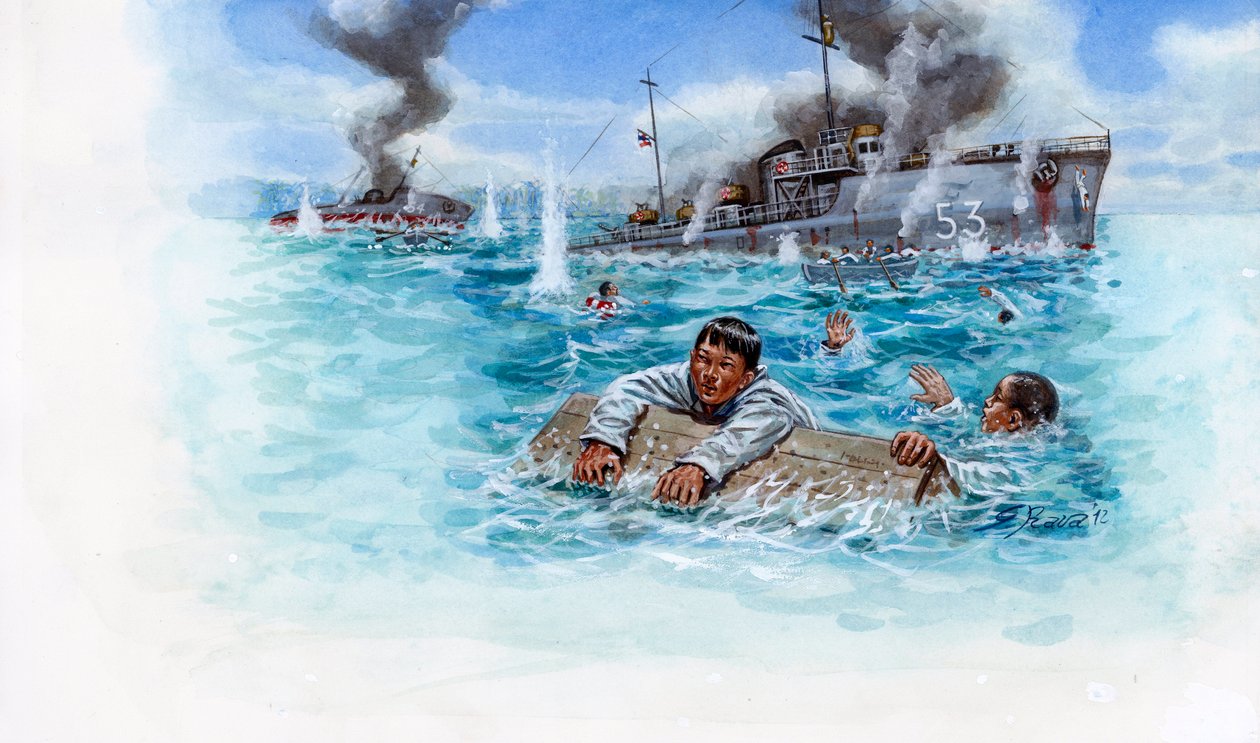 Französisch-Thailändischer Krieg (1940-1941): Seeschlacht zwischen der Armee Thailands von General Plaek Pibulsonggram genannt Phibun und der französischen Armee der Vichy-Regierung in Indochina - Illustration von Giuseppe Rava