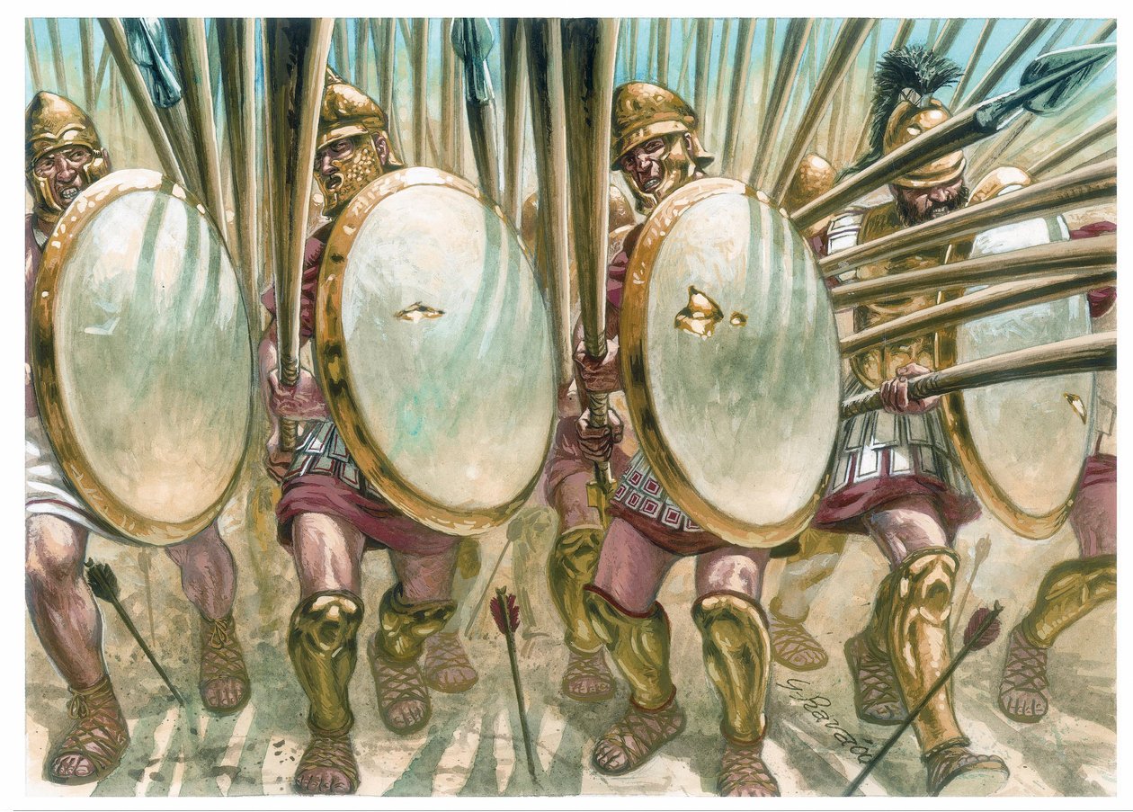 Königreich Makedonien: Der Angriff der makedonischen Phalangiten - Illustration von Giuseppe Rava von Giuseppe Rava
