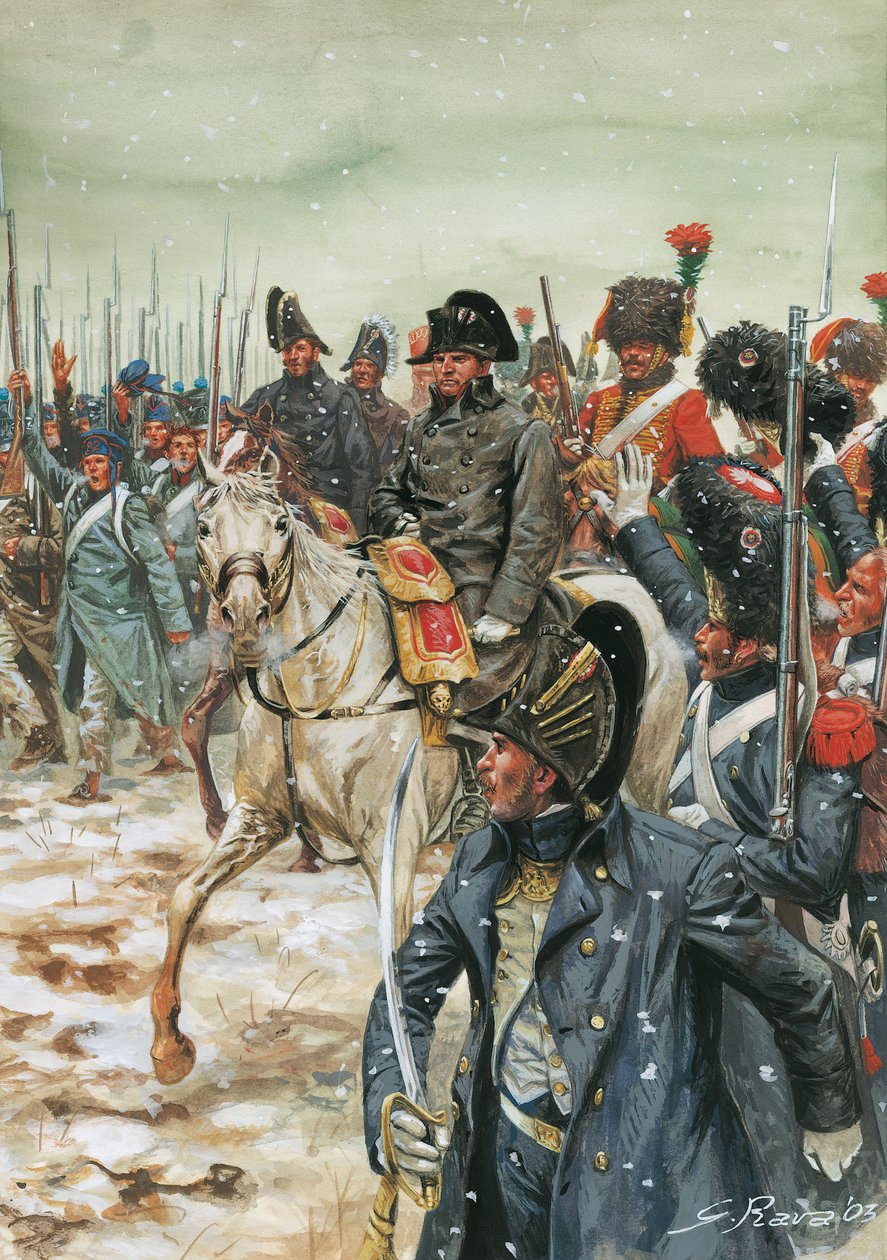 Es lebe der Kaiser! Kaiser Napoleon I zu Pferd umgeben von seiner Armee während der Frankreichkampagne im Januar 1814 - Illustration von Giuseppe Rava von Giuseppe Rava