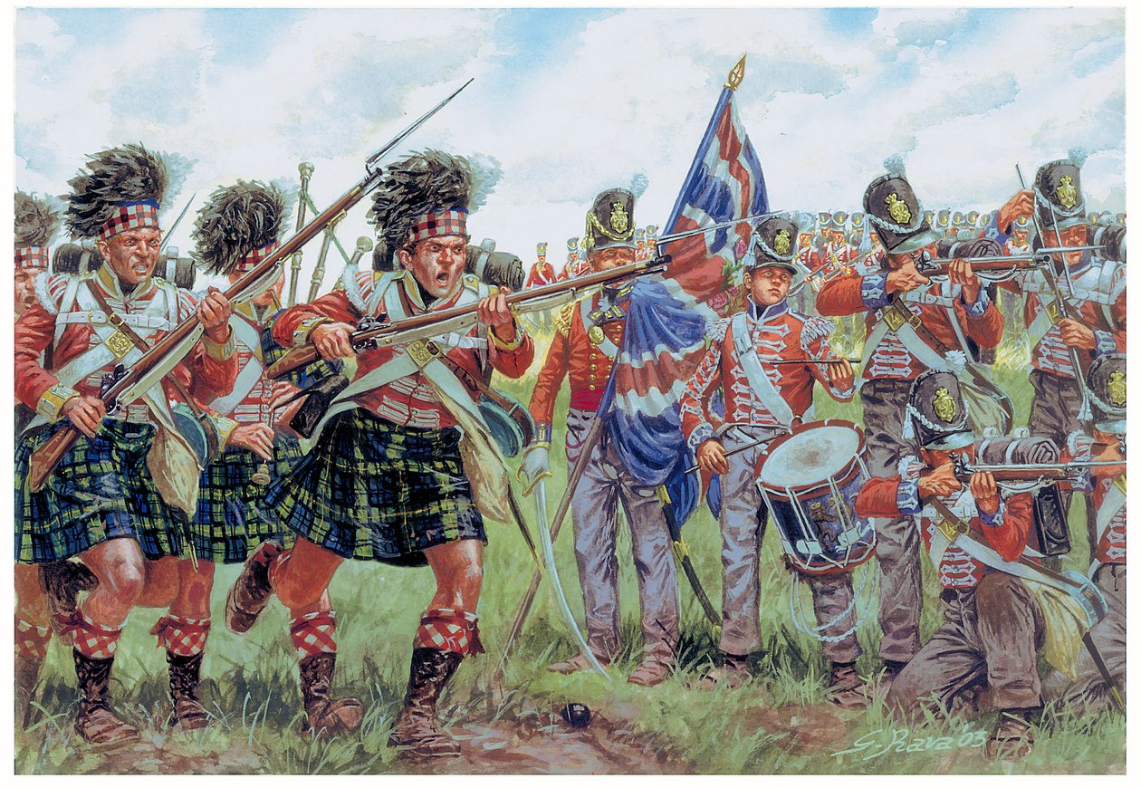 Napoleonische Kriege: Schottische und britische Soldaten in der Schlacht von Waterloo am 18. Juni 1815 (Illustration von Giuseppe Rava) von Giuseppe Rava