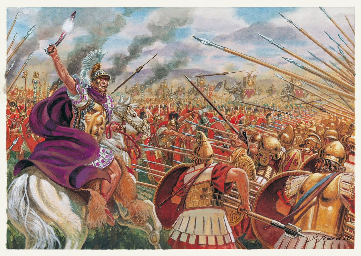 Römische Antike: Die Schlacht von Ausculum (279 v. Chr.) zwischen der römischen Armee unter der Führung von Publius Decius Mus und den koalisierten Truppen von Epirus, Tarent, Oscus, Samniten unter dem Kommando des Königs von Epirus Pyrrhus I. - Schlacht v von Giuseppe Rava